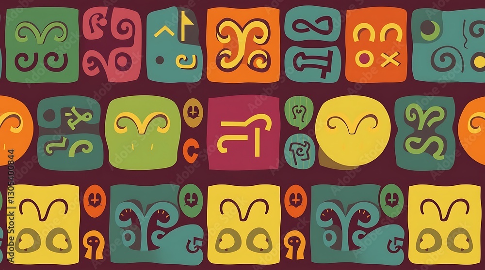 Aufkleber vibrant aztec pattern: a repeating seamless pattern of colorful aztec-inspired symbols in a bright a
