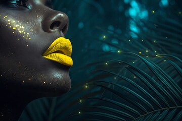 Close-up of a Woman with Striking Yellow Lips and Golden Face Art in a Tropical Night Scene