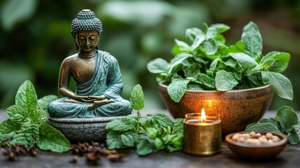 Buddha statue with herbs and candles on wooden surface