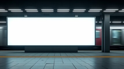 Empty advertising stand on the platform of a modern city railway station