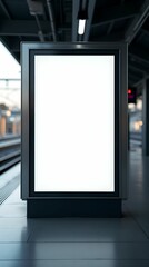 Empty advertising stand on the platform of a modern city railway station