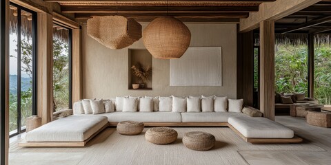 A luxurious modern living room with natural elements and comfortable seating