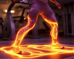 Woman's legs exercising in gym with glowing tech overlay
