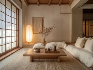 A serene and cozy living room with natural light and minimalist decor