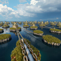 Naklejka premium Floating Agricultural Platforms in a Serene Water Landscape