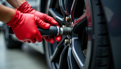 Maintenance of a vehicle tire by a technician at an auto repair shop during daytime hours