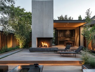 An outdoor living area features a fireplace and lounge chairs
