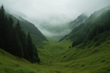 Fototapeta premium Beautiful, misty valley with forests and mountains at dawn in the Alps, a natural landscape
