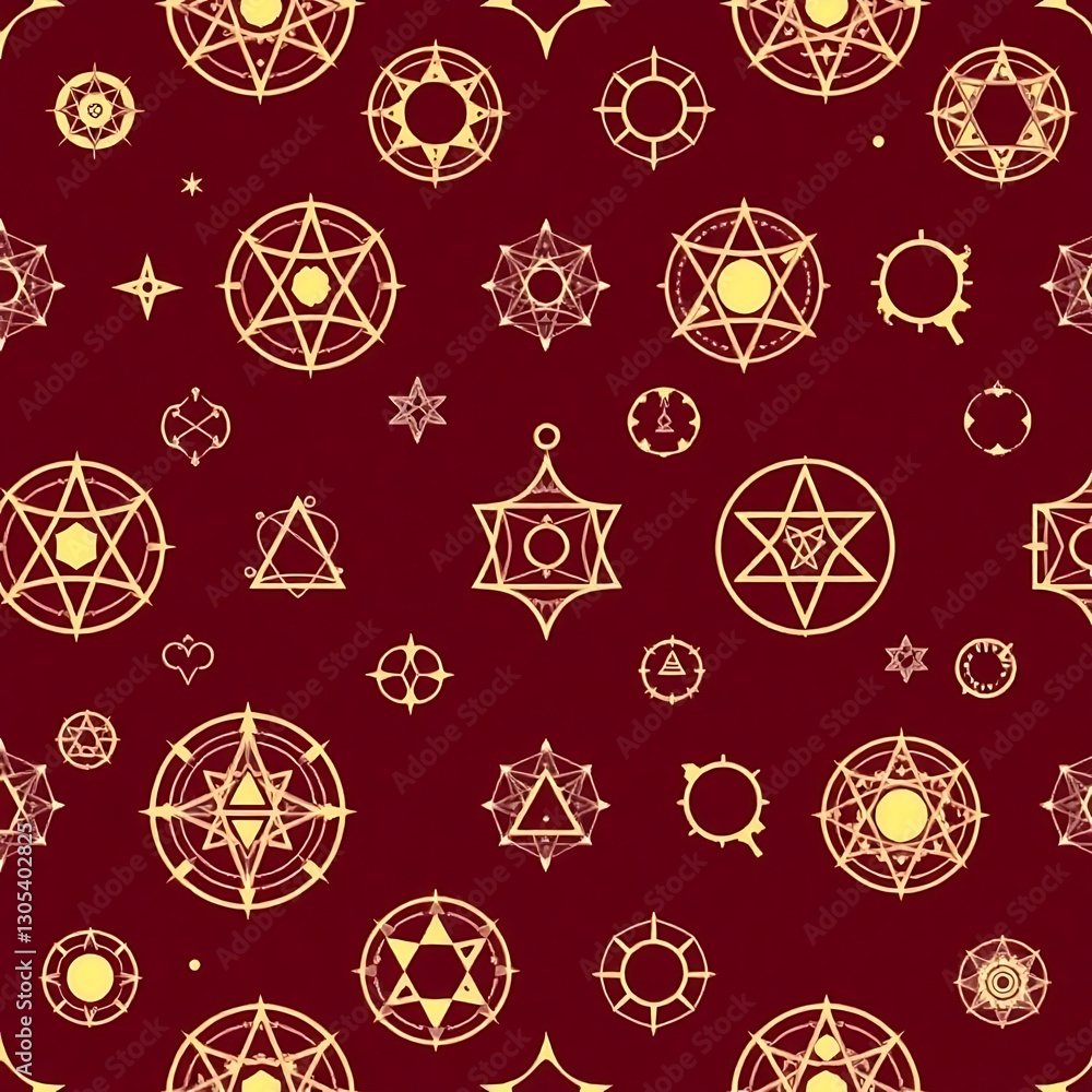 Poster mystical symbols pattern: a repeating pattern of intricate mystical symbols in a seamless, symmetric