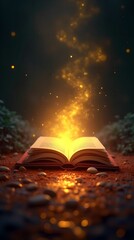 Open magic book on table with bright fiery sparks