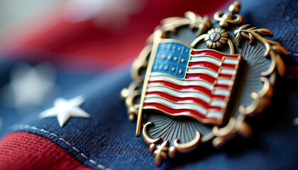Historical emblem featuring the American flag on a fabric background. Memorial Day theme
