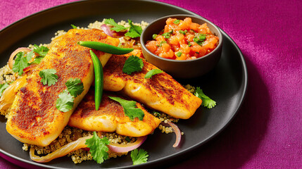 Fototapeta premium Grilled fish filets with quinoa and salsa on a black plate