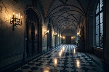 Obraz premium A grand, dimly lit, historical hallway, perfect for a fantasy or historical setting.