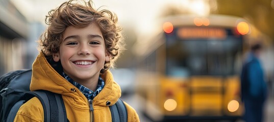 A smiling student waiting for the school bus in the morning