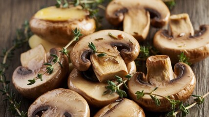 Fried mushrooms with thyme.They are prepared with the addition of butter, garlic and thyme. The background is a wooden surface. There are several sprigs of thyme among the mushrooms.