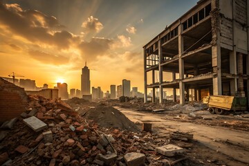 Fototapeta premium Urban Renewal Site with Ruined Building at Sunset