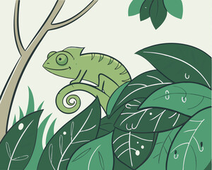 A chameleon blending into the green leaves