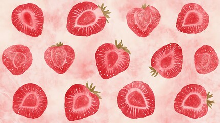 Watercolor cut strawberries, arranged on a pink textured background, perfect for food illustrations