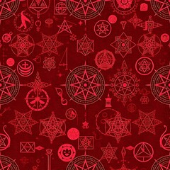 Crimson Occult Seamless Pattern: A captivating seamless pattern featuring a multitude of occult symbols, including pentagrams, sigils, and alchemical imagery, rendered in a deep crimson hue.