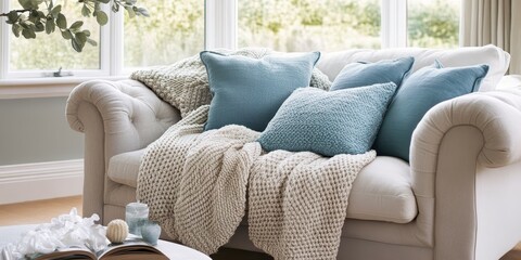 A comfortable living room sofa with multiple pillows and blankets