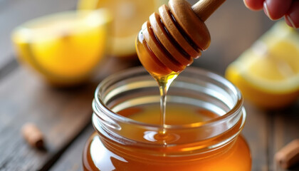 Honey being drizzled from a wooden dipper into a glass jar surrounded by fresh lemons and spices in a warm, inviting kitchen setting