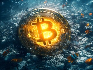 Golden Bitcoin Submerged in Underwater Surreal Financial Technology Scene