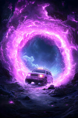 Car drives through magical portal in a dark rocky place with a cloudy background
