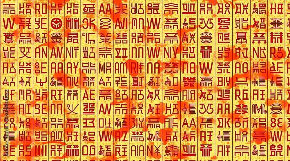 Poster ancient script: a detailed view of aged script, etched onto weathered tablets or surfaces, bathed in