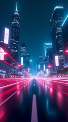 Fototapeta premium City skyline illuminated at night with vibrant lights and moving traffic. Abstract background