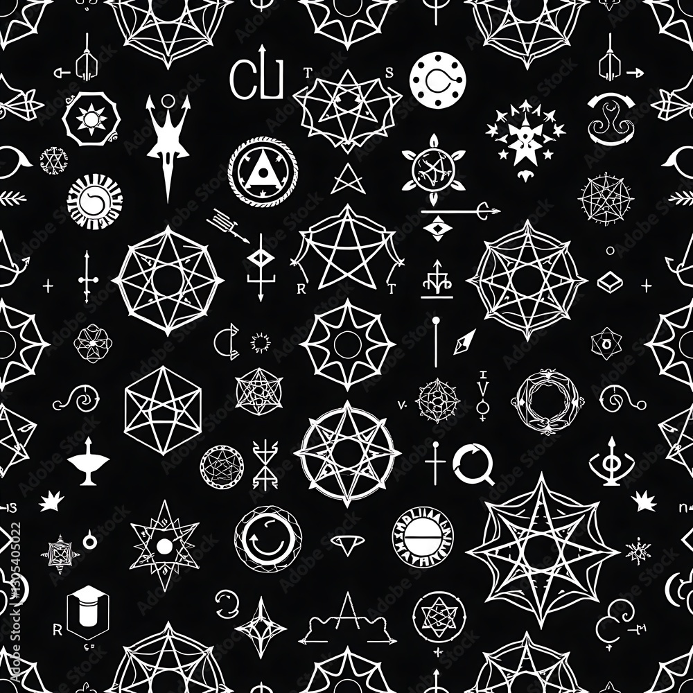 Poster esoteric symbols pattern: a intricate design of occult symbols, glyphs, and patterns against a dark 