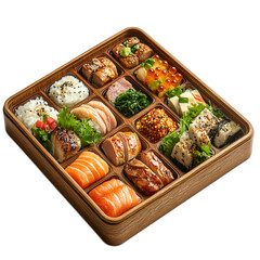 Colorful and Delicious Japanese Cuisine Bento Box Arrangement with Sushi, Sashimi, and Various Accompaniments for a Culinary Experience