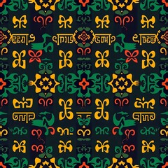 Mystical Motif: An intricately designed pattern, showcasing a mesmerizing array of symbols and shapes, rendered in a rich palette of green, yellow, and red against a dark canvas.