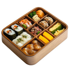 Delicious and Colorful Japanese Bento Box with Various Sushi and Vegetable Dishes Served in a Wooden Container