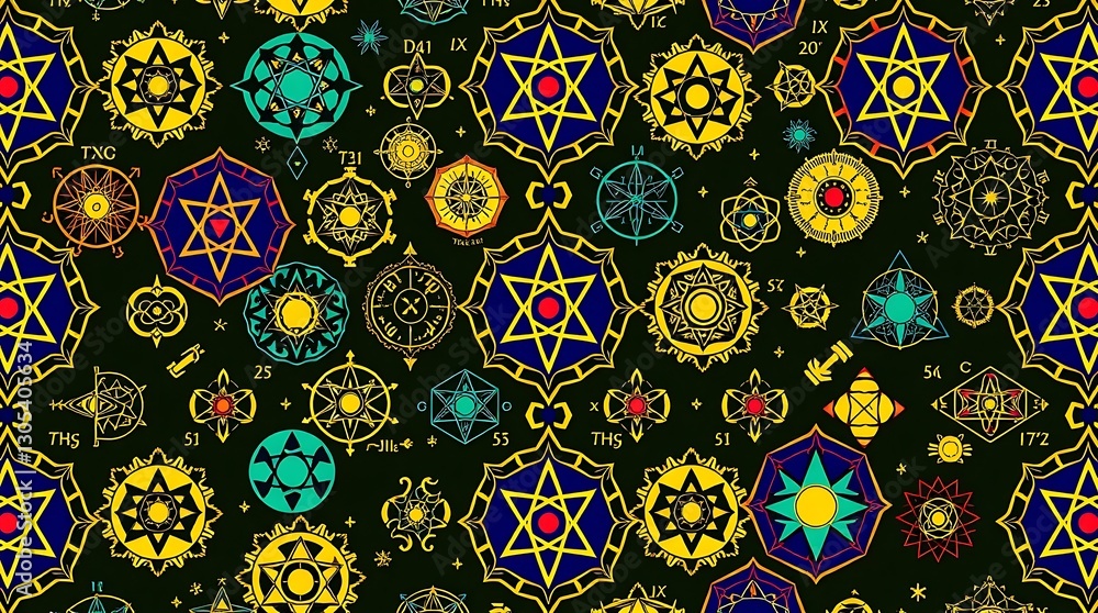 Poster mystical pattern: a captivating repeating pattern of intricate geometric designs, featuring stars, c