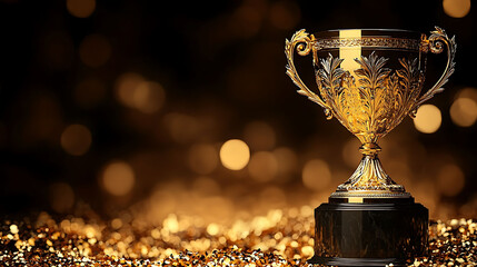 Elegant gold trophy on a glittering surface, signifying achievement, success, and victory.  Perfect for celebrating awards, competitions, or commemorating milestones.