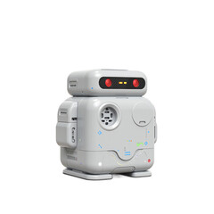 Fototapeta premium Futuristic miniature robot with sleek rounded edges and glowing lights on a white backdrop showcasing its modern and compact features
