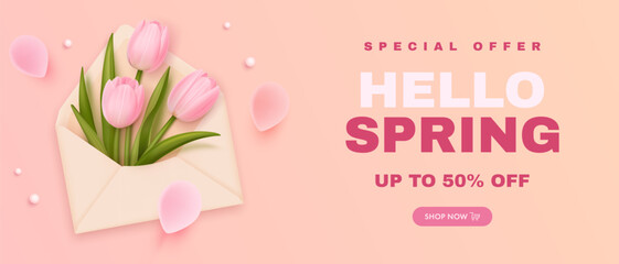 Hello spring sale banner design template with realistic 3d tulips and envelope on pink background. Discount sopping background. Special offer. Vector illustration