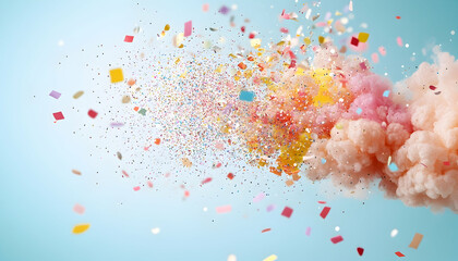 Celebration Confetti explosion with colorful smoke against a light blue backdrop