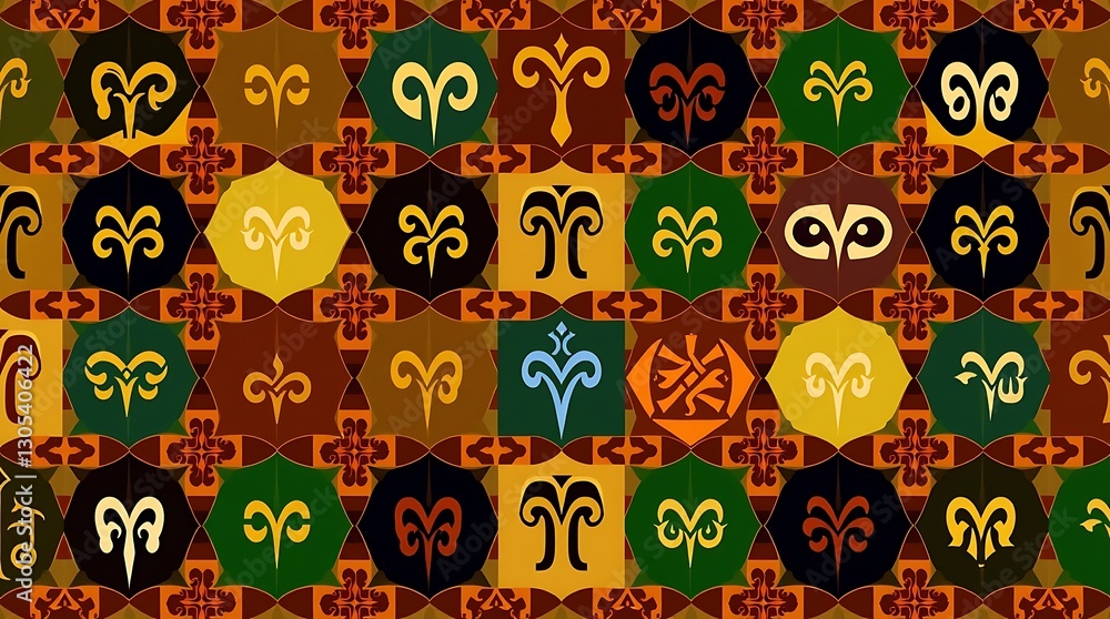Poster celestial tapestry: an intricate and colorful tapestry design featuring repeating zodiac symbols. th