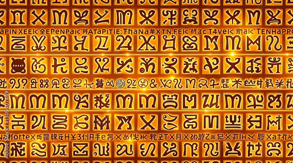 Poster ancient glyphs illuminated: a close-up showcases an array of meticulously etched glyphs, illuminated