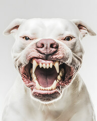 Obraz premium Portrait of powerful angry white Pitbull dog showing teeth isolated on white. Aggressive pit bull terrier type dog snarling at the camera with sharp teeth 