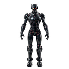 Fototapeta premium Futuristic humanoid robot with glowing red eyes and cyberpunk style standing out on white background Perfect for tech concepts
