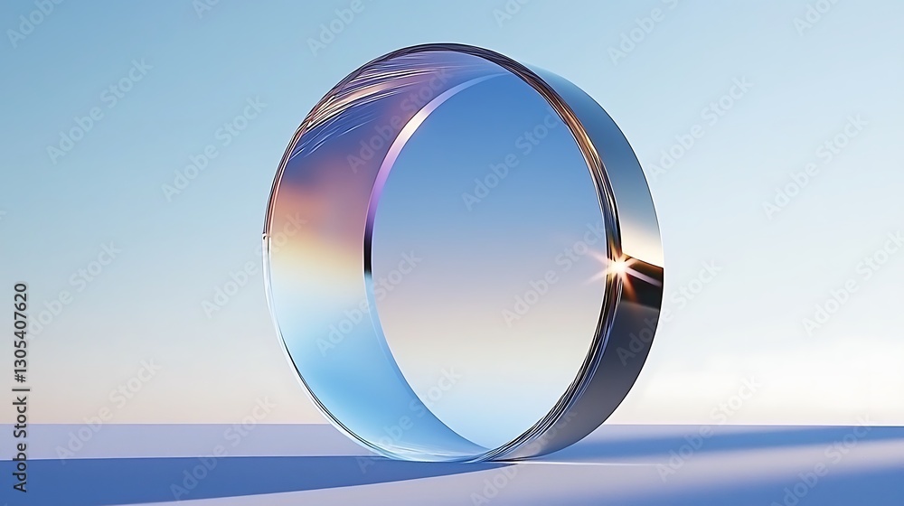 Poster Shiny circular object reflecting light, sitting on a surface against a sky background