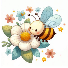 Cute cartoon bee happily resting on a vibrant flower surrounded by small decorative plants