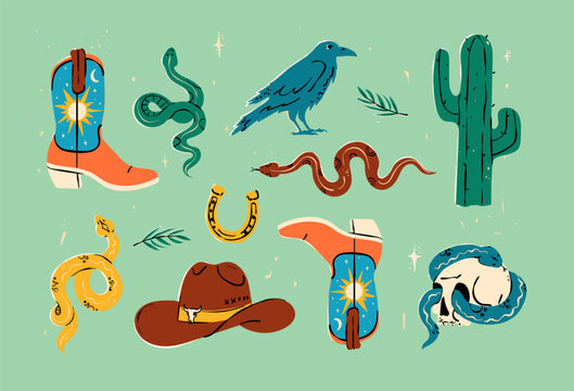 Naklejki Wild West and Cowboy concept. Vector set of the various objects and design elements, boots, cactus, snake, hat, camper in hand drawn colored style