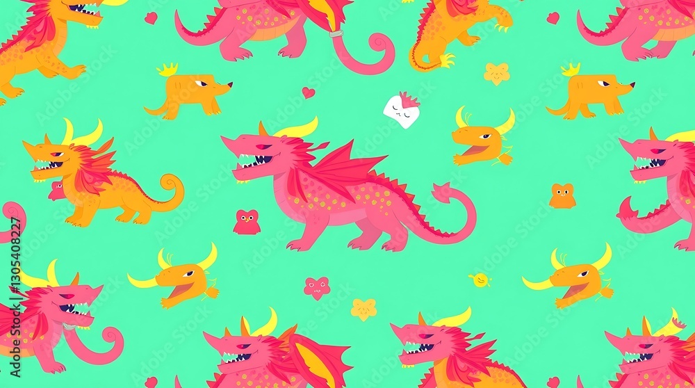 Poster enchanting dragon pattern: a vibrant, captivating pattern showcasing a playful assortment of colorfu