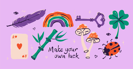 Vector decorating design elements of Lucky Charms, bring wealth and prosperity, Good Luck. Collection of flat elements on isolated background.