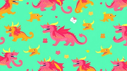 Enchanting Dragon Pattern: A vibrant, captivating pattern showcasing a playful assortment of colorful dragons and endearing creatures set against a refreshing backdrop. 