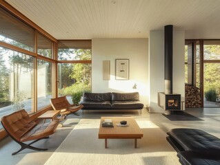 Fototapeta premium Modern living room with a fireplace and outdoor view