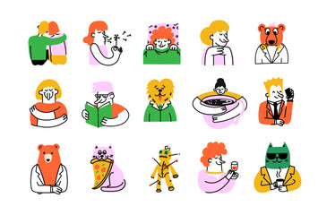 Groovy hipster 90s style avatars stickers illustrations set. Collection of trendy retro doodle illustrations for the patches, stickers, labels, tags, stamps.